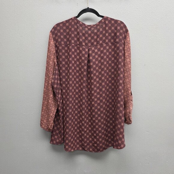 Cato Shirt Womens 26/28W Brown Burgundy Mixed Print Zip Front Roll Tab Plus Size - Picture 5 of 10